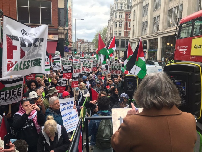 A demonstration in front of the Israeli embassy in London, condemning the Israeli aggression in Jerusalem